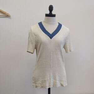 Vintage Susan‎ G. white and blue v neck shirt size Small